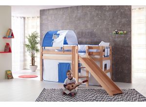 4250468532643 - Spielbett Eliyas mit Rutsche Ausf Buche massiv natur lackiert und Textilset Vorhang 1-er Tunnel u