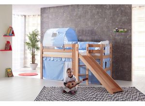 4250468532667 - Spielbett Eliyas mit Rutsche Ausf Buche massiv natur lackiert und Textilset Vorhang 1-er Tunnel u