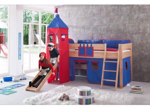 4250468533022 - RELITA Spielbett KIM 90x200 cm mit Rutsche und Turm Buche massiv natur lackiert Stoffset blau rot