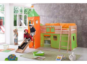 4250468533039 - RELITA Spielbett KIM 90x200 cm mit Rutsche Turm Buche massiv natur lackiert Stoffset grün orange