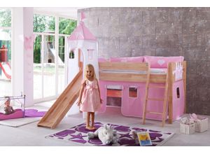 4250468533046 - RELITA Spielbett KIM 90x200cm mit RutscheTurm Buche massiv natur lackiert Stoffset rosa weiß herz