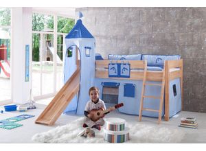 4250468533053 - RELITA Spielbett KIM 90x200 cm mit Rutsche Turm Buche massiv natur lackiert Stoffset blau delfin