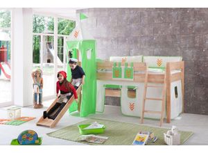 4250468533060 - RELITA Spielbett KIM 90x200 cm mit RutscheTurm Buche massiv natur lackiert Stoffset Beige Grün