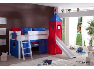 4250468533091 - RELITA Spielbett KIM 90x200 cm mit Rutsche und Turm Buche massiv weiß lackiert Stoffset blau rot