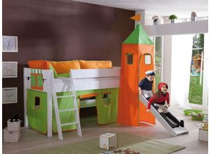 4250468533107 - RELITA Spielbett KIM 90x200 cm mit RutscheTurm Buche massiv weiß lackiert Stoffset grün orange