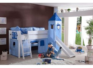 4250468533121 - RELITA Spielbett KIM 90x200 cm mit Rutsche und Turm Buche weiß lackiert Stoffset blau delfin