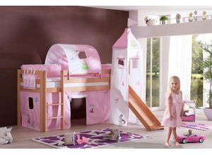 4250468541201 - Halbhohes Spielbett ALEX mit Rutsche Turm Tunnel Buche massiv natur lackiert mit Stoffset Princess