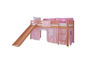 4250468542161 - Hochbett Toby Buche Massiv mit Rutsche + Stoffset rosa wei