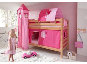 4250468542765 - Etagenbett BENI Buche massiv natur lackiert mit Textilset pink rosa herz