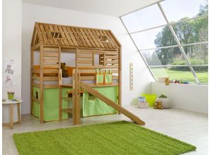 4250468544486 - Spielbett Tom´s Hütte und Bett Eliyas mit Rutsche und Textilset Buche massiv geölt