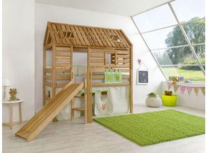 4250468544516 - Spielbett Tom´s Hütte und Bett Eliyas mit Rutsche und Textilset Buche massiv geölt