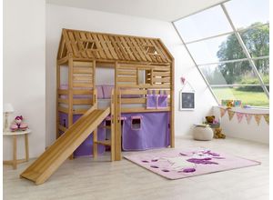 4250468544547 - Spielbett Tom´s Hütte und Bett Eliyas mit Rutsche und Textilset Buche massiv geölt