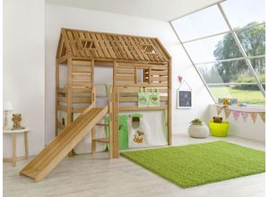 4250468544554 - Spielbett Tom´s Hütte und Bett Eliyas mit Rutsche und Textilset Buche massiv geölt