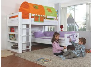 4250468545698 - Etagenbett BENI L Buche massiv weiß lackiert 2 Liegeflächen über Eck mit Stoffset grün orange