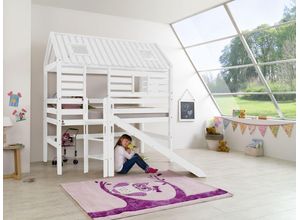 4250468555253 - Spielbett Tom´s Hütte und Bett Eliyas mit Rutsche Buche massiv weiß lackiert