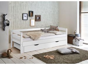 4250468558902 - Funktionsbett Emilia - ca 90   180 x 200 cm Buche massiv weiß lackiert inkl Bettschublade