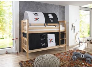 4250468560943 - Etagenbett Kick Buche massiv natur lackiert mit Textilset best aus Vorhang und 2-er Tunnel  Farbe