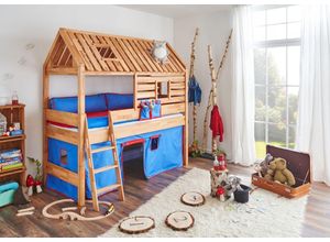 4250468561179 - Spielbett Tom´s Hütte und Bett Kim Buche massiv natur geölt Textilset blau rot