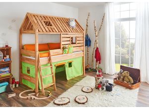 4250468561186 - Spielbett Tom´s Hütte und Bett Kim Buche massiv natur geölt Textilset grün orange