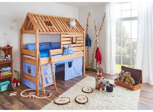 4250468561216 - Spielbett Tom´s Hütte und Bett Kim Buche massiv natur geölt Textilset blau delfin