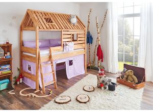 4250468561223 - Spielbett Tom´s Hütte und Bett Kim Buche massiv natur geölt Textilset purple weiß herz