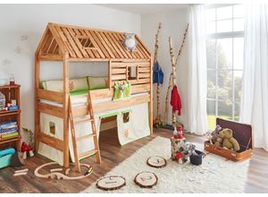 4250468561230 - Spielbett Tom´s Hütte und Bett Kim Buche massiv natur geölt Textilset Beige Grün 4250468561230 - Spielbett Tom´s Hütte und Bett Kim Buche massiv natur geölt Textilset Beige Grün