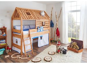 4250468561261 - Spielbett Tom´s Hütte und Bett Kim Buche massiv natur geölt Textilset weiß delfin