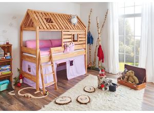 4250468561278 - Spielbett Tom´s Hütte und Bett Kim Buche massiv natur geölt Textilset purple rosa herz