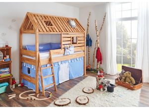 4250468561285 - Spielbett Tom´s Hütte und Bett Kim Buche massiv natur geölt Textilset blau boy