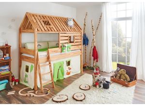 4250468561292 - Spielbett Tom´s Hütte und Bett Kim Buche massiv natur geölt Textilset Dschungel