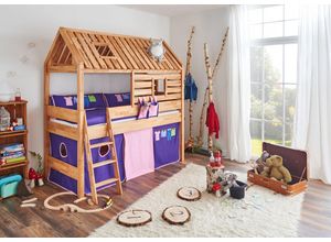 4250468561315 - Spielbett Tom´s Hütte und Bett Kim Buche massiv natur geölt Textilset rosa violett Kleider