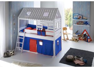 4250468561353 - Spielbett Tom´s Hütte und Bett Kim Buche massiv weiß lackiert Textilset blau rot