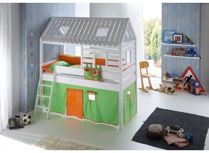 4250468561360 - Spielbett Tom´s Hütte und Bett Kim Buche massiv weiß lackiert Textilset grün orange