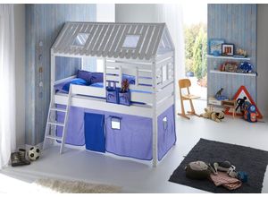 4250468561391 - Spielbett Tom´s Hütte und Bett Kim Buche massiv weiß lackiert Textilset blau delfin