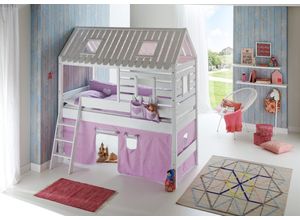 4250468561407 - Spielbett Tom´s Hütte und Bett Kim Buche massiv weiß lackiert Textilset purple weiß herz