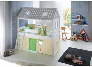 4250468561414 - Spielbett Tom´s Hütte und Bett Kim Buche massiv weiß lackiert Textilset Beige Grün