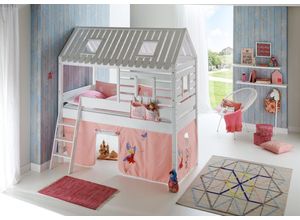 4250468561438 - Spielbett Tom´s Hütte und Bett Kim Buche massiv weiß lackiert Textilset Princess