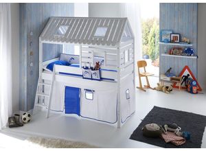 4250468561445 - Spielbett Tom´s Hütte und Bett Kim Buche massiv weiß lackiert Textilset weiß delfin