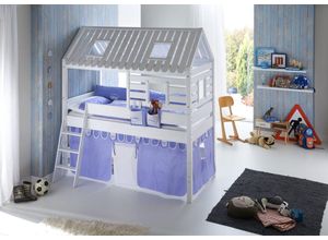 4250468561469 - Spielbett Tom´s Hütte und Bett Kim Buche massiv weiß lackiert Textilset blau boy