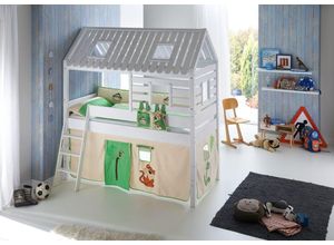 4250468561476 - Spielbett Tom´s Hütte und Bett Kim Buche massiv weiß lackiert Textilset Dschungel