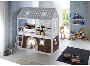 4250468561483 - Spielbett Tom´s Hütte und Bett Kim Buche massiv weiß lackiert Textilset Burg