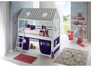 4250468561490 - Spielbett Tom´s Hütte und Bett Kim Buche massiv weiß lackiert Textilset rosa violett Kleider