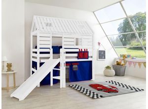 4250468563210 - Spielbett Tom´s Hütte und Bett Eliyas mit Rutsche und Textilset Buche massiv weiß lackiert