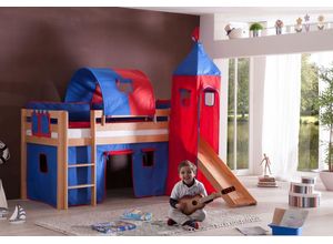 4250468563470 - Halbhohes Spielbett ALEX mit Rutsche Turm Tunnel Buche massiv natur lackiert mit Stoffset blau rot