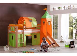 4250468563487 - Halbhohes Spielbett ALEX mit Rutsche Turm Tunnel Buche massiv natur lackiert mit Stoffset grün orang