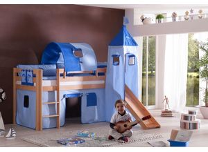 4250468563500 - Halbhohes Spielbett ALEX mit Rutsche Turm Tunnel Buche massiv natur lackiert mit Stoffset blau delfi