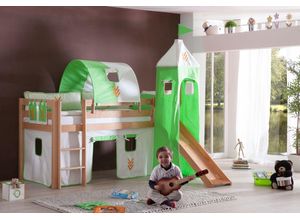 4250468563517 - Halbhohes Spielbett ALEX mit Rutsche Turm Tunnel Buche massiv natur lackiert mit Stoffset Beige Grün