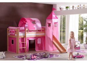 4250468563531 - Halbhohes Spielbett ALEX mit Rutsche Turm Tunnel Buche massiv natur lackiert mit Stoffset pink herz