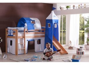 4250468563548 - Halbhohes Spielbett ALEX mit Rutsche Turm Tunnel Buche massiv natur lackiert mit Stoffset weiß delfi