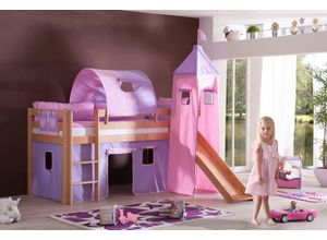 4250468563562 - Halbhohes Spielbett ALEX mit Rutsche Turm Tunnel Buche massiv natur lackiert mit Stoffset purple ros